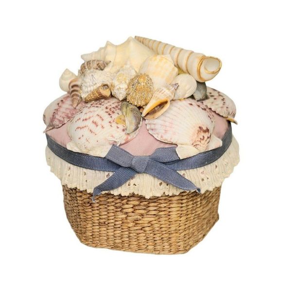 Vtg handmade Shell covered beach Wicker Woven Lace trim Stash Box Basket 6" - Picture 1 of 9